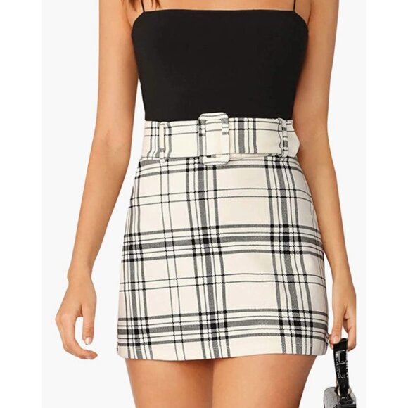 Dresses & Skirts - Black Plaid Checker Print Belted High Waist Fitted‎ Pencil Bodycon Mini Skirt